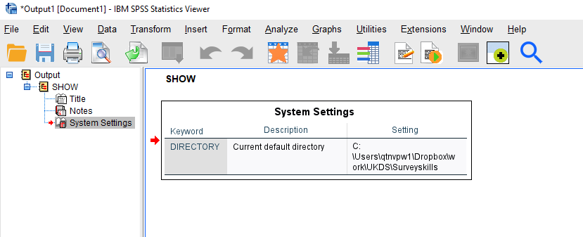 A screenshot of SPPS Output window showing the current default directory